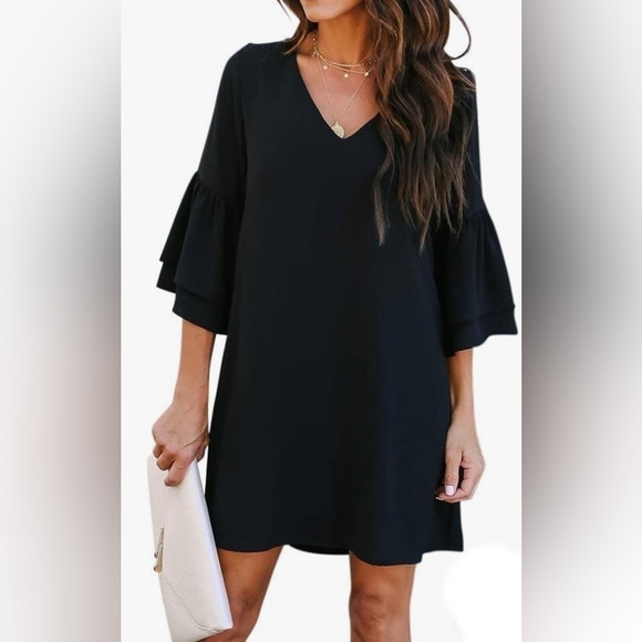 BELONGSCI 2024 Summer Dress V-Neck Bell Sleeve Shift Mini Dress Black Large - Picture 2 of 4